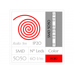 Tira LED  (5m) ROJO PURO SMD 5050 60Leds/m NO Impermeable